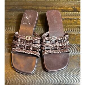Brighton Rita Brown Leather Woven Bronze Heel Slides Sandals 9M Bench Made